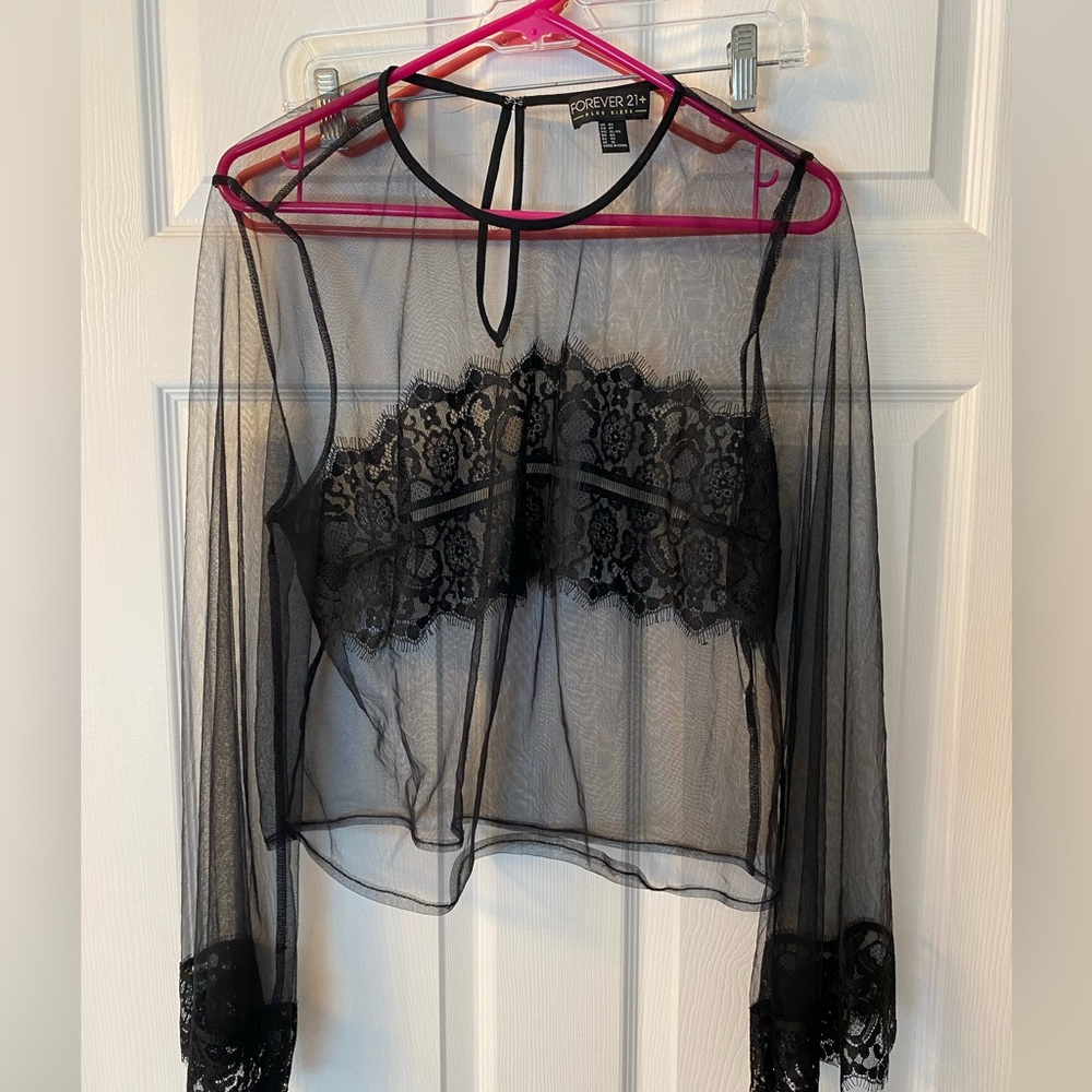 Forever 21 Black Sheer Crop Top - Long Sleeve